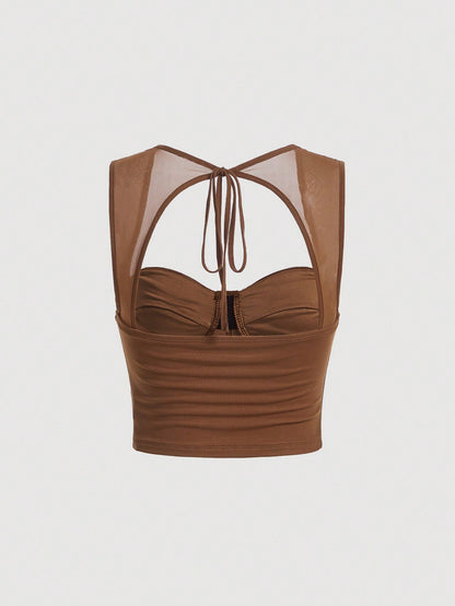 Tie-Back Ruched Bustier Crop Corset Top | Sweetheart Neck Backless Slim-Fit Camisole