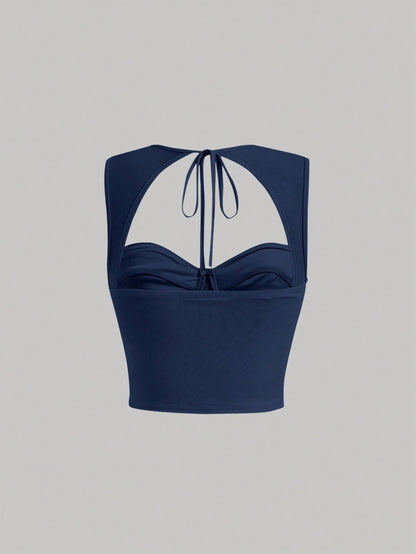 Tie-Back Ruched Bustier Crop Corset Top | Sweetheart Neck Backless Slim-Fit Camisole