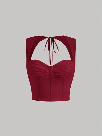 Tie-Back Ruched Bustier Crop Corset Top | Sweetheart Neck Backless Slim-Fit Camisole