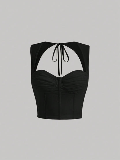 Tie-Back Ruched Bustier Crop Corset Top | Sweetheart Neck Backless Slim-Fit Camisole