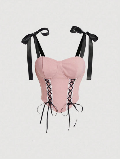 Color Block Bandeau Strapless Crop Camisole | Tie-Up Asymmetrical Slim Fit Summer Top