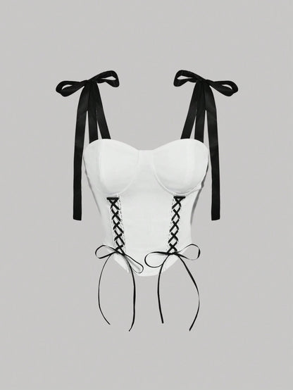 Color Block Bandeau Strapless Crop Camisole | Tie-Up Asymmetrical Slim Fit Summer Top