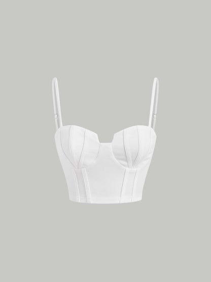 Solid Bustier Cami Top | Slim Fit Corset-Style Crop Camisole with Cup Detailing & Spaghetti Straps
