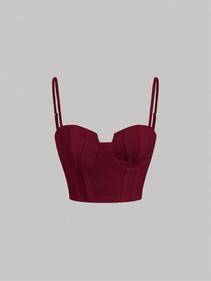 Solid Bustier Cami Top | Slim Fit Corset-Style Crop Camisole with Cup Detailing & Spaghetti Straps