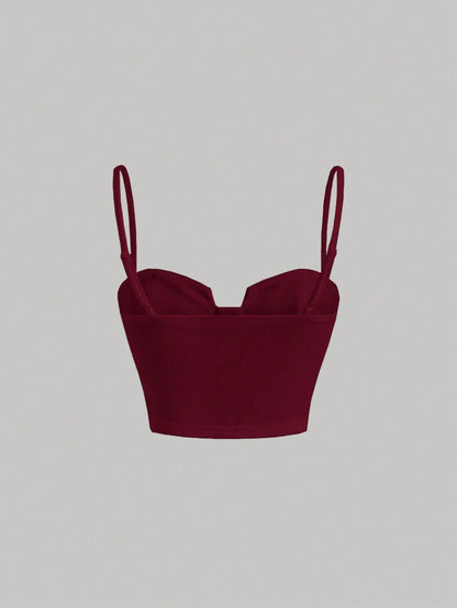 Solid Bustier Cami Top | Slim Fit Corset-Style Crop Camisole with Cup Detailing & Spaghetti Straps