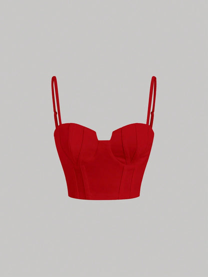 Solid Bustier Cami Top | Slim Fit Corset-Style Crop Camisole with Cup Detailing & Spaghetti Straps