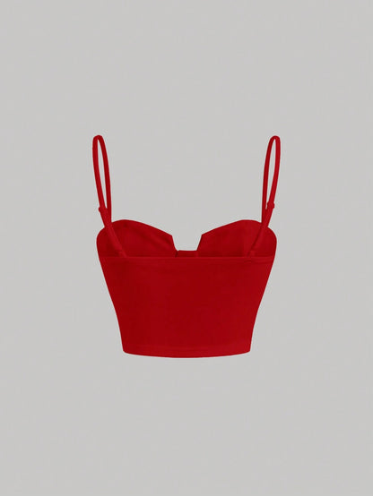 Solid Bustier Cami Top | Slim Fit Corset-Style Crop Camisole with Cup Detailing & Spaghetti Straps