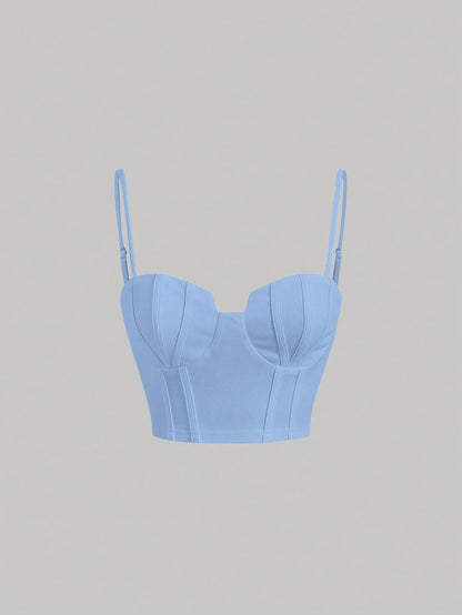 Solid Bustier Cami Top | Slim Fit Corset-Style Crop Camisole with Cup Detailing & Spaghetti Straps