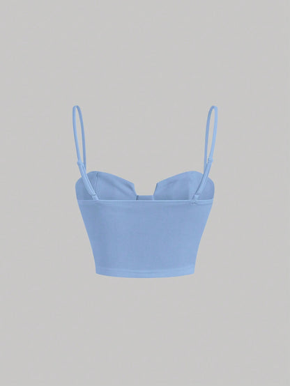Solid Bustier Cami Top | Slim Fit Corset-Style Crop Camisole with Cup Detailing & Spaghetti Straps