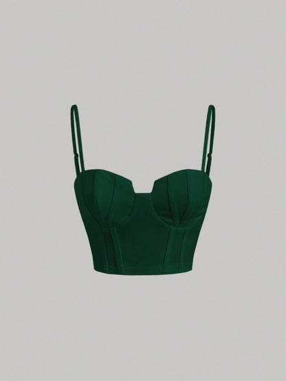 Solid Bustier Cami Top | Slim Fit Corset-Style Crop Camisole with Cup Detailing & Spaghetti Straps