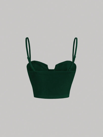 Solid Bustier Cami Top | Slim Fit Corset-Style Crop Camisole with Cup Detailing & Spaghetti Straps