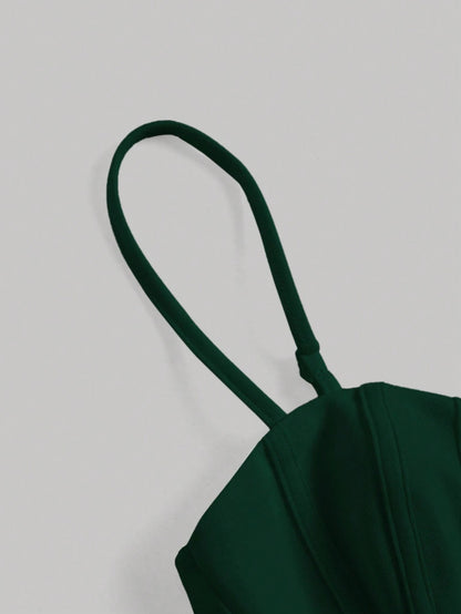 Solid Bustier Cami Top | Slim Fit Corset-Style Crop Camisole with Cup Detailing & Spaghetti Straps
