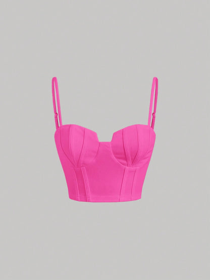 Solid Bustier Cami Top | Slim Fit Corset-Style Crop Camisole with Cup Detailing & Spaghetti Straps