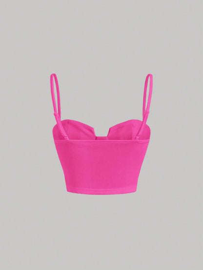 Solid Bustier Cami Top | Slim Fit Corset-Style Crop Camisole with Cup Detailing & Spaghetti Straps