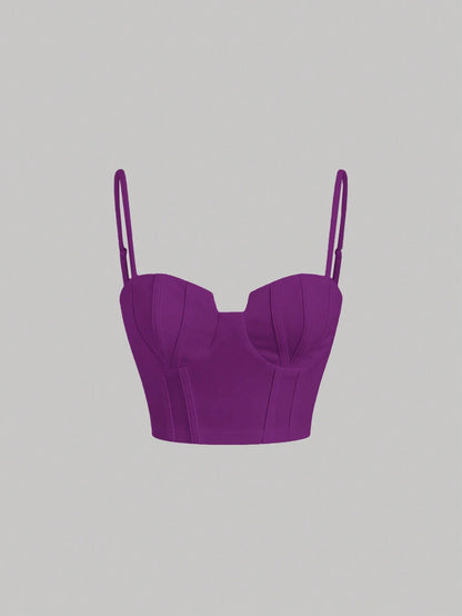 Solid Bustier Cami Top | Slim Fit Corset-Style Crop Camisole with Cup Detailing & Spaghetti Straps