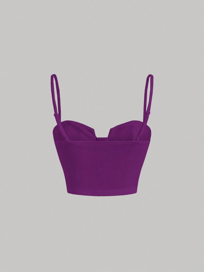 Solid Bustier Cami Top | Slim Fit Corset-Style Crop Camisole with Cup Detailing & Spaghetti Straps