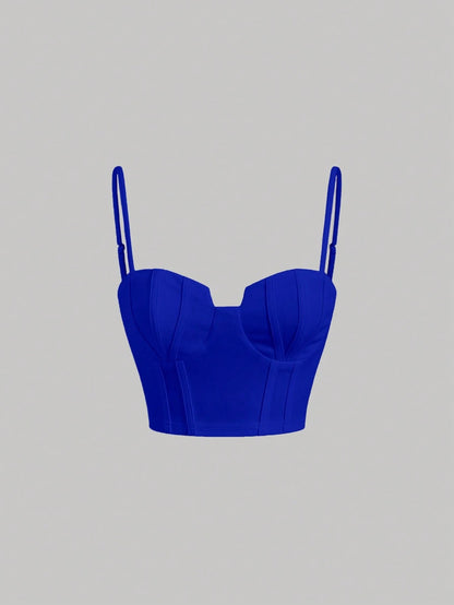 Solid Bustier Cami Top | Slim Fit Corset-Style Crop Camisole with Cup Detailing & Spaghetti Straps