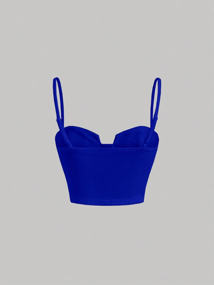 Solid Bustier Cami Top | Slim Fit Corset-Style Crop Camisole with Cup Detailing & Spaghetti Straps