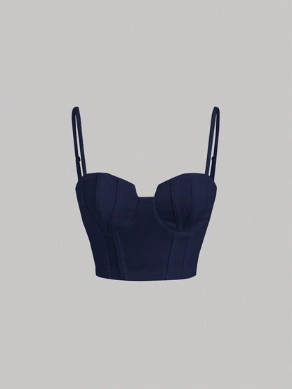 Solid Bustier Cami Top | Slim Fit Corset-Style Crop Camisole with Cup Detailing & Spaghetti Straps