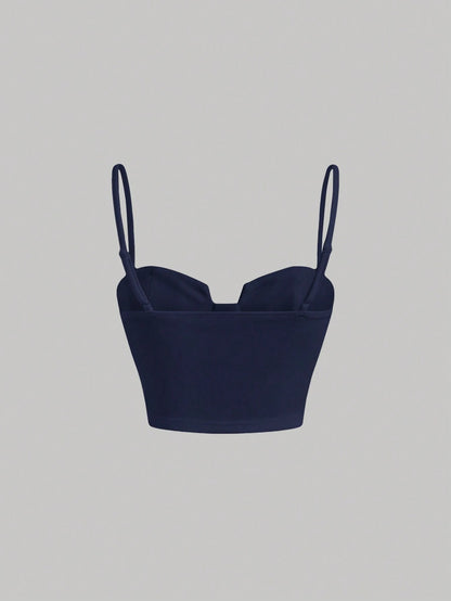 Solid Bustier Cami Top | Slim Fit Corset-Style Crop Camisole with Cup Detailing & Spaghetti Straps