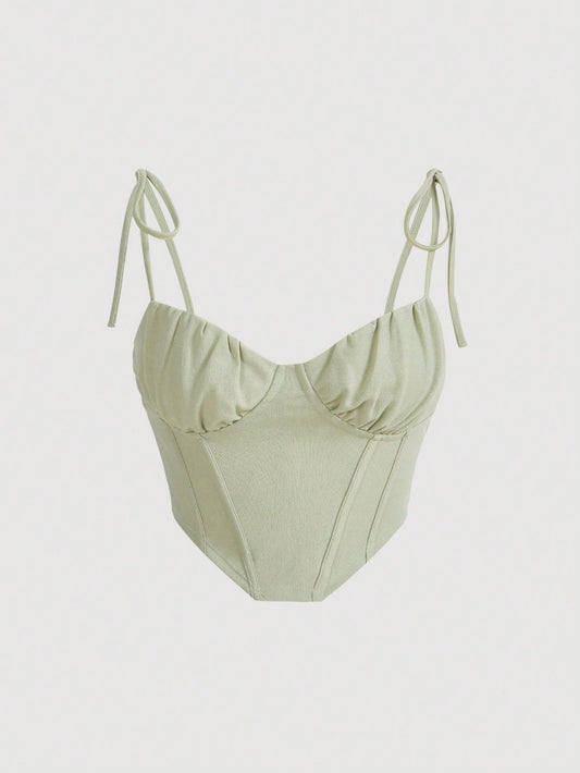 Tie-Shoulder Ruched Bust Corset Cami Top | Slim Fit Asymmetrical Crop Camisole