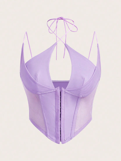 Hook & Eye Front Corset Cami Top with Mesh Insert | Slim Fit Y2K Double-Strap Crop Camisole