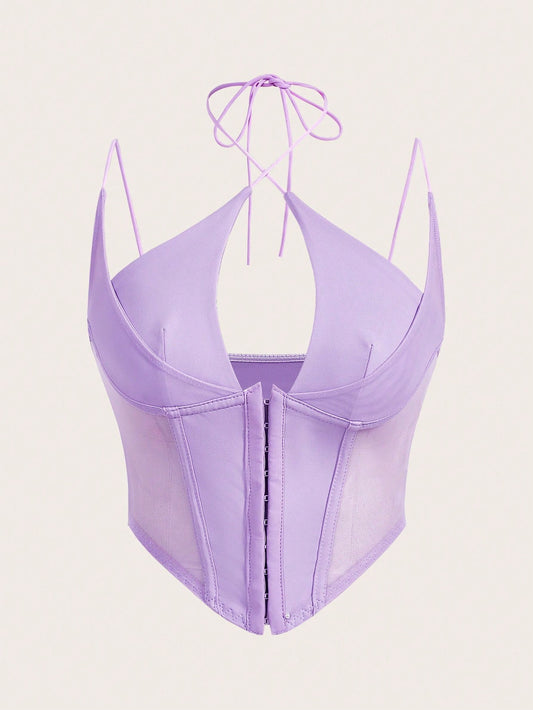 Hook & Eye Front Corset Cami Top with Mesh Insert | Slim Fit Y2K Double-Strap Crop Camisole