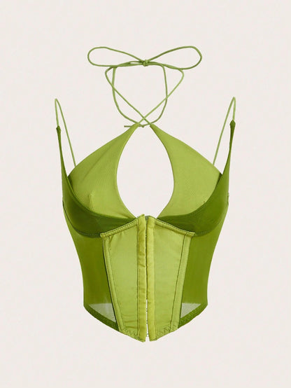 Hook & Eye Front Corset Cami Top with Mesh Insert | Slim Fit Y2K Double-Strap Crop Camisole