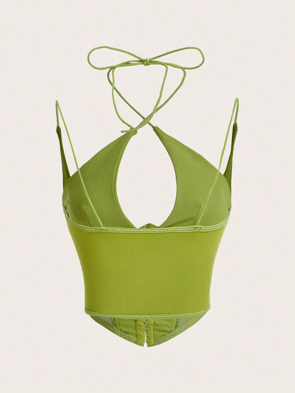Hook & Eye Front Corset Cami Top with Mesh Insert | Slim Fit Y2K Double-Strap Crop Camisole