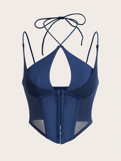 Hook & Eye Front Corset Cami Top with Mesh Insert | Slim Fit Y2K Double-Strap Crop Camisole