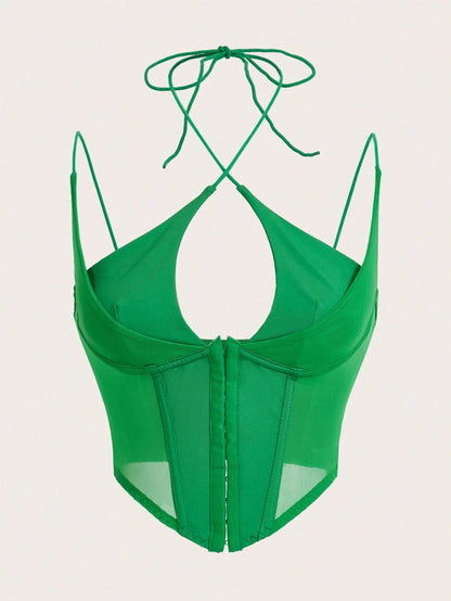 Hook & Eye Front Corset Cami Top with Mesh Insert | Slim Fit Y2K Double-Strap Crop Camisole