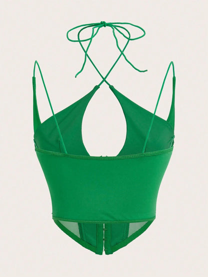 Hook & Eye Front Corset Cami Top with Mesh Insert | Slim Fit Y2K Double-Strap Crop Camisole