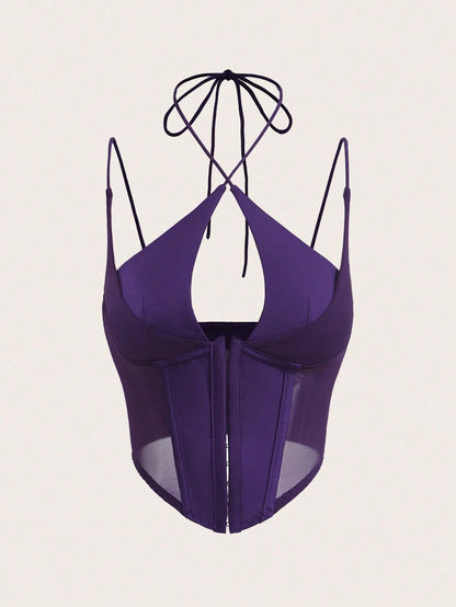 Hook & Eye Front Corset Cami Top with Mesh Insert | Slim Fit Y2K Double-Strap Crop Camisole