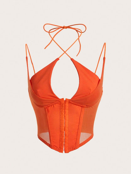 Hook & Eye Front Corset Cami Top with Mesh Insert | Slim Fit Y2K Double-Strap Crop Camisole