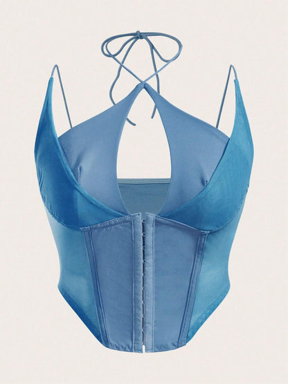 Hook & Eye Front Corset Cami Top with Mesh Insert | Slim Fit Y2K Double-Strap Crop Camisole