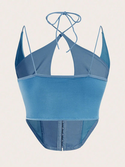Hook & Eye Front Corset Cami Top with Mesh Insert | Slim Fit Y2K Double-Strap Crop Camisole