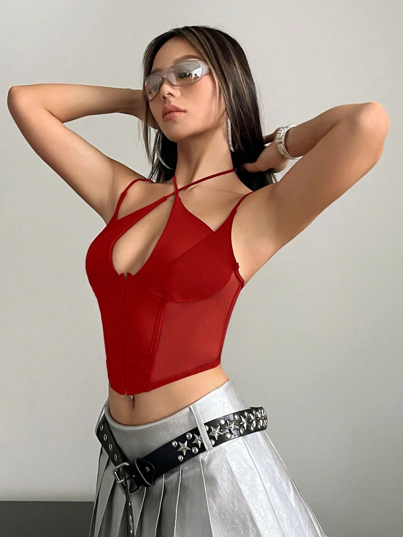 Hook & Eye Front Corset Cami Top with Mesh Insert | Slim Fit Y2K Double-Strap Crop Camisole