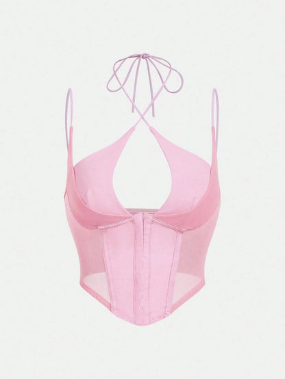 Hook & Eye Front Corset Cami Top with Mesh Insert | Slim Fit Y2K Double-Strap Crop Camisole