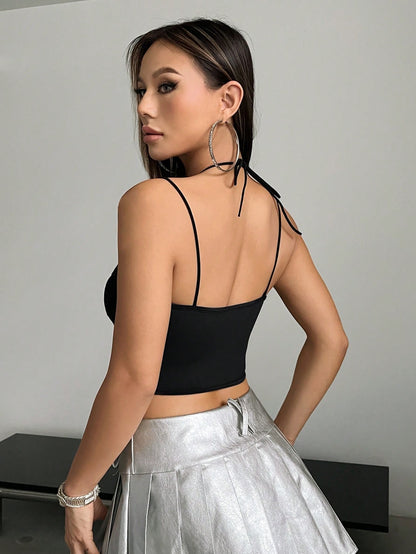 Hook & Eye Front Corset Cami Top with Mesh Insert | Slim Fit Y2K Double-Strap Crop Camisole