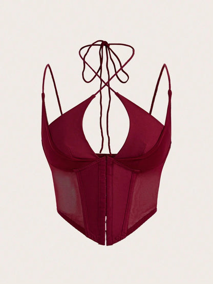 Hook & Eye Front Corset Cami Top with Mesh Insert | Slim Fit Y2K Double-Strap Crop Camisole