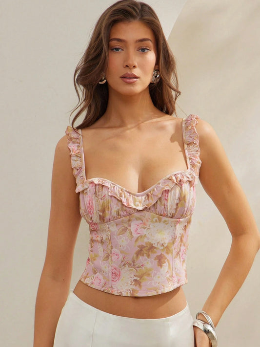 Pink Gathered Bust Asymmetrical Hem Sleeveless Printed Ruffle Crop Top | Square Neck