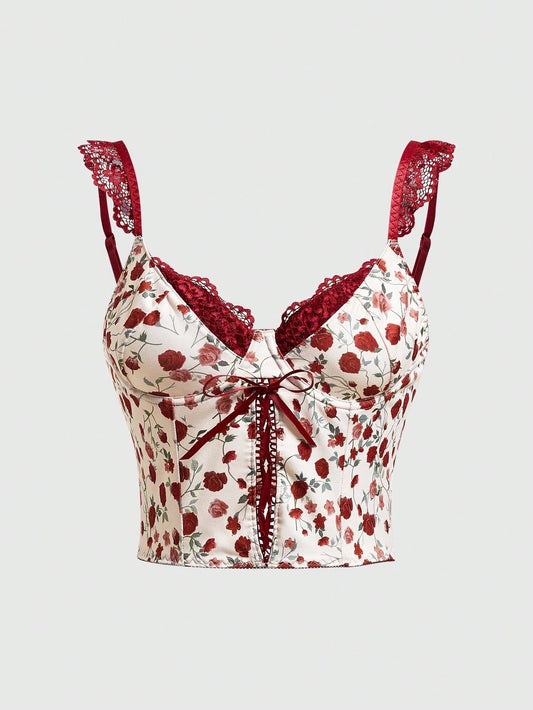 Floral Lace Spliced Cross-Strap Cami Top | Slim Fit High-Stretch Printed Crop Camisole