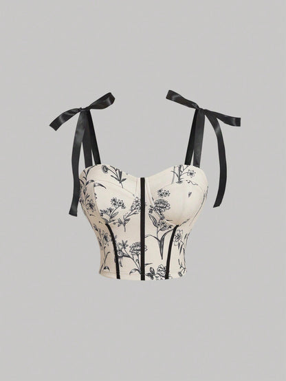 Floral Tie-Shoulder Corset