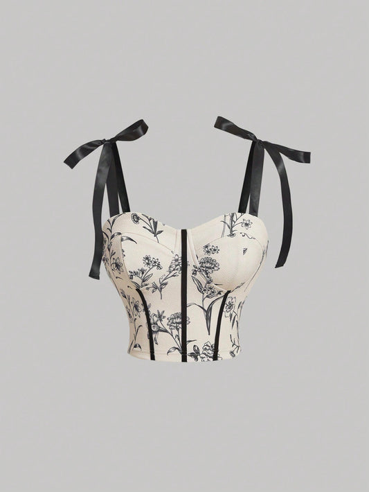 Floral Print Tie-Shoulder Corset Cami Top | Crop Wide-Strap Boho Floral Bustier with Cup Detail