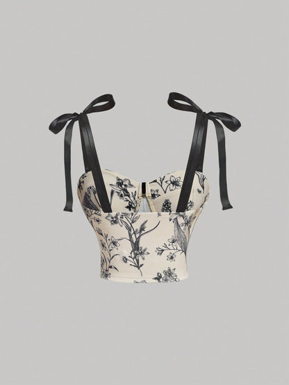 Floral Tie-Shoulder Corset
