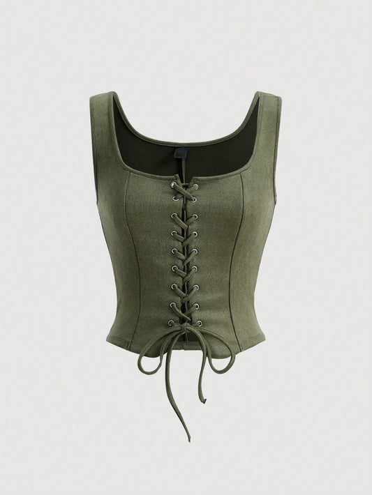 Lace-Up Front Crisscross Tank Top | Slim Fit Scoop & Square Neck Crop Top with Eyelet Detail