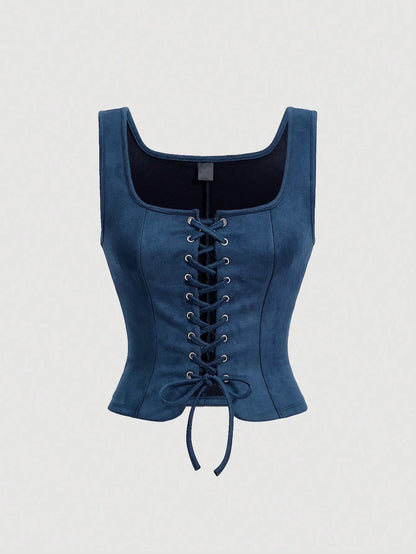 Blue corset on a light gray background