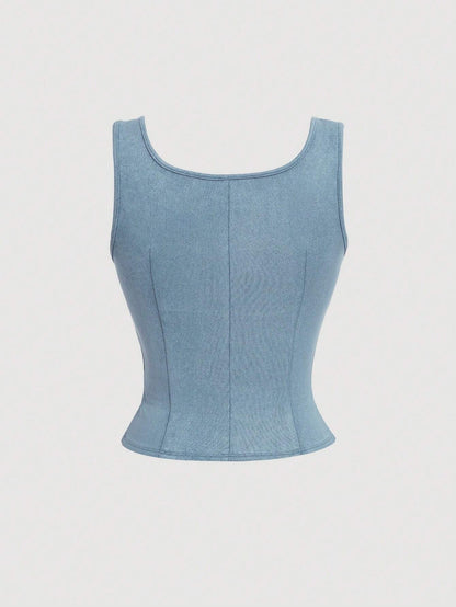 Lace-Up Front Crisscross Tank Top | Slim Fit Scoop & Square Neck Crop Top with Eyelet Detail