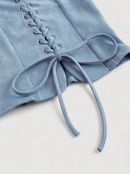 Lace-Up Front Crisscross Tank Top | Slim Fit Scoop & Square Neck Crop Top with Eyelet Detail