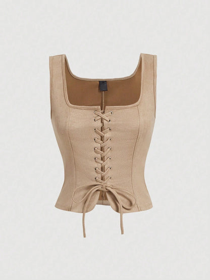 Lace-Up Front Crisscross Tank Top | Slim Fit Scoop & Square Neck Crop Top with Eyelet Detail